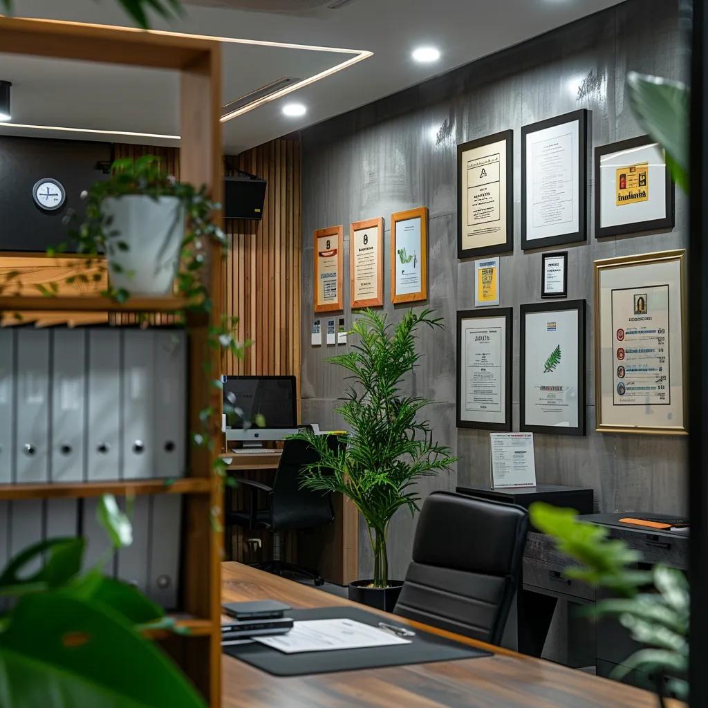 Display of HVAC certifications in a professional office setting emphasizing quality service