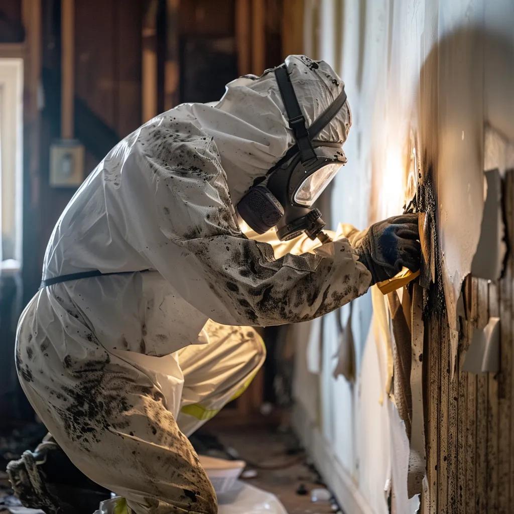 Worker in protective gear removing soot and damaged material from wall during puff back cleanup process.