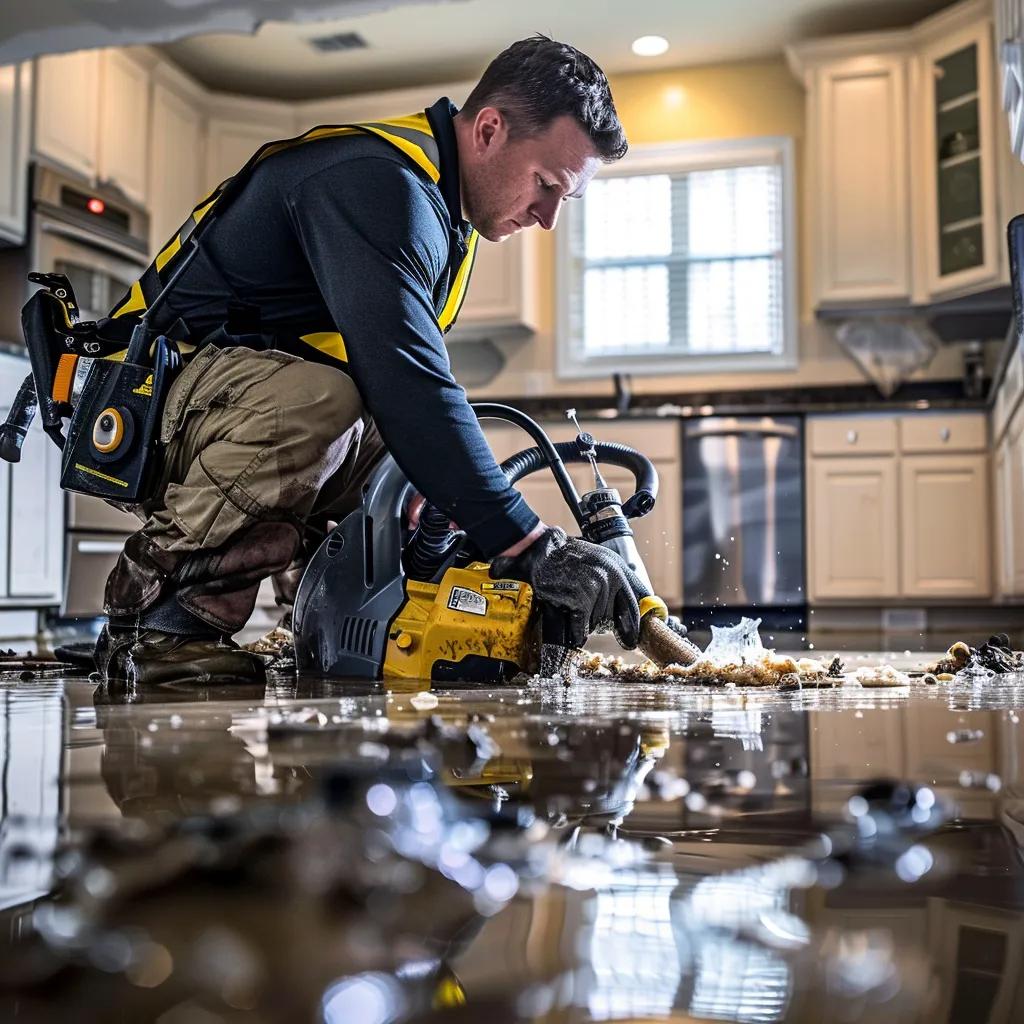 Professional technician using a water extraction machine to remove standing water from a flooded kitchen, highlighting emergency water damage restoration services.