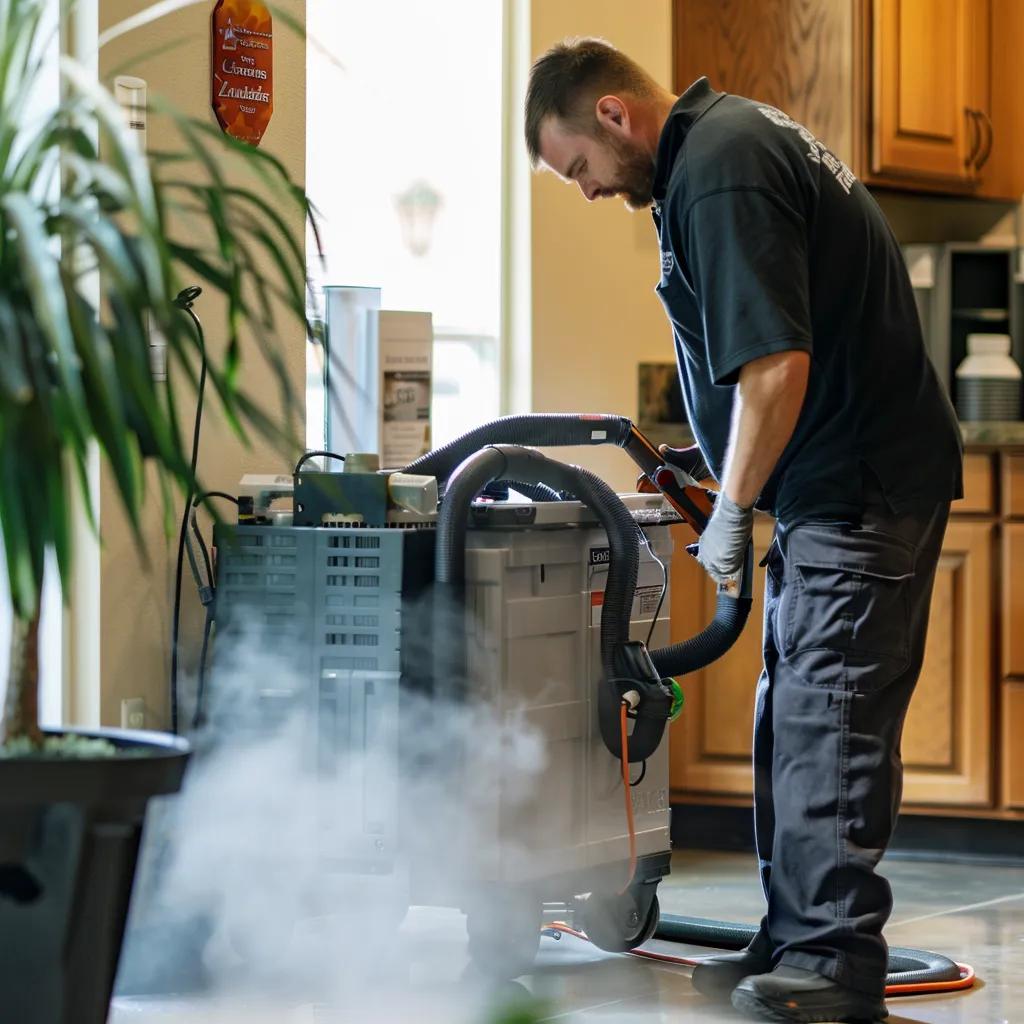 Technician using professional smoke odor removal equipment, with steam visible, in a residential setting, emphasizing effective restoration services for smoke damage.