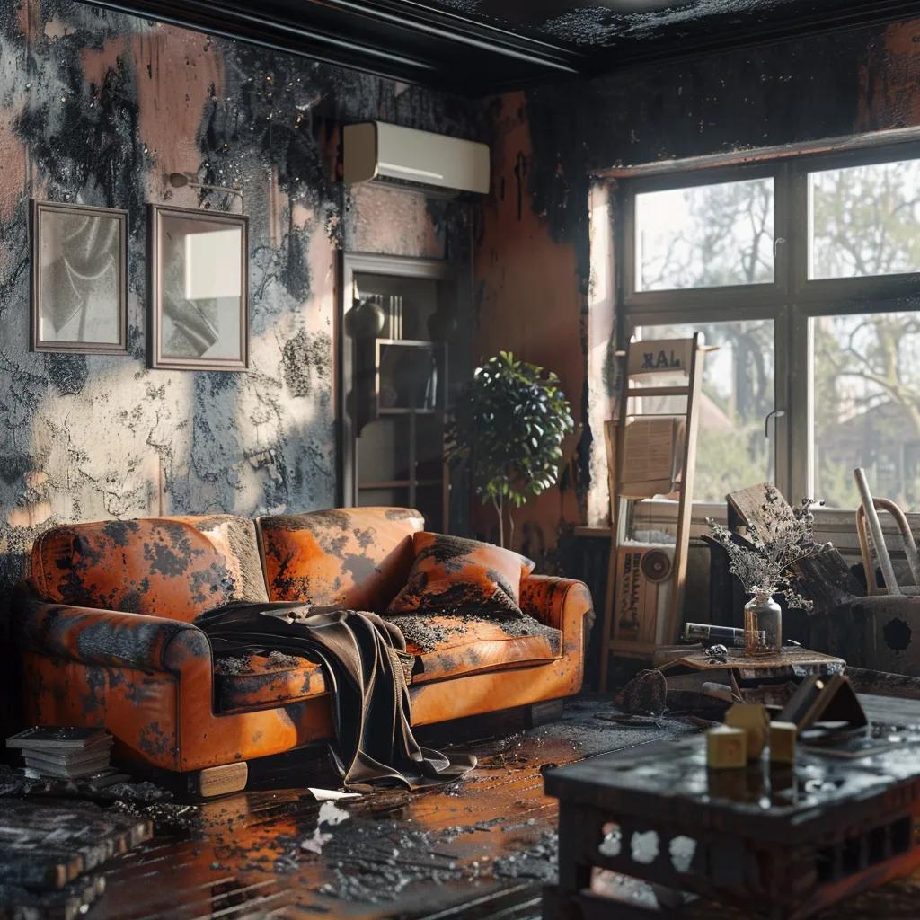 Damaged living room with a burnt orange couch, soot-covered walls, and debris, illustrating puff back damage effects in a property restoration context.