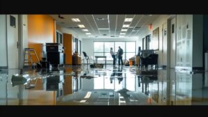 a-a-professional-water-resto-f39ae9ee-4b778c5f-873d-413b-b7aa-8fc3e31b8df2.webp a professional water restoration service team is actively engaged in a modern, well-lit office space, meticulously assessing damage with advanced equipment, conveying expertise and efficiency in crisis management.