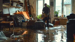 a-professional-technician-equip-33e511b2-230f80b1-a203-4352-b082-d6cd037ba90f.webp a professional technician equipped with advanced tools surveys a recently flooded urban living room, highlighting water-damaged walls and furniture in a stark, high-contrast composition to emphasize the urgency of restoration.