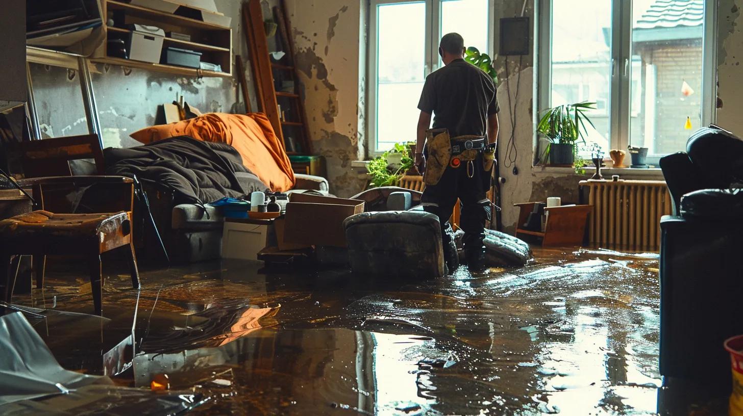 Professional technician assessing water damage in flooded living room, with furniture and belongings affected by water intrusion, highlighting the need for immediate restoration services.