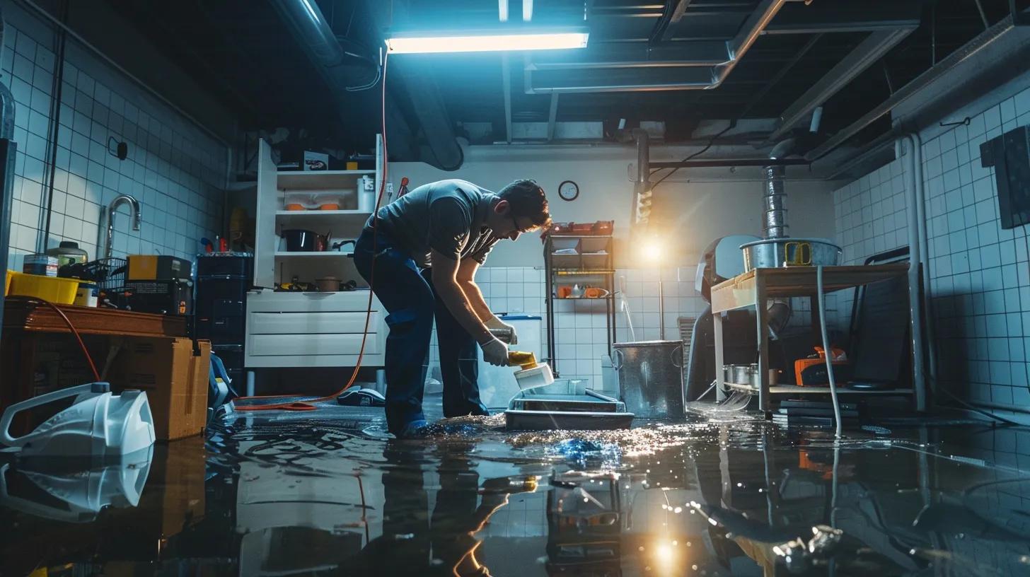 Skilled technician in flooded basement using equipment for water damage repair, showcasing Restoration Experts' services for basement water damage solutions.