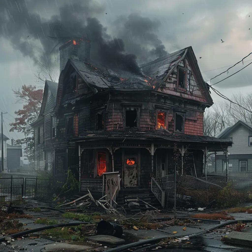 Burned and damaged Victorian house engulfed in flames and smoke, illustrating severe fire damage and the aftermath of a blaze, relevant to fire damage recovery and restoration processes.