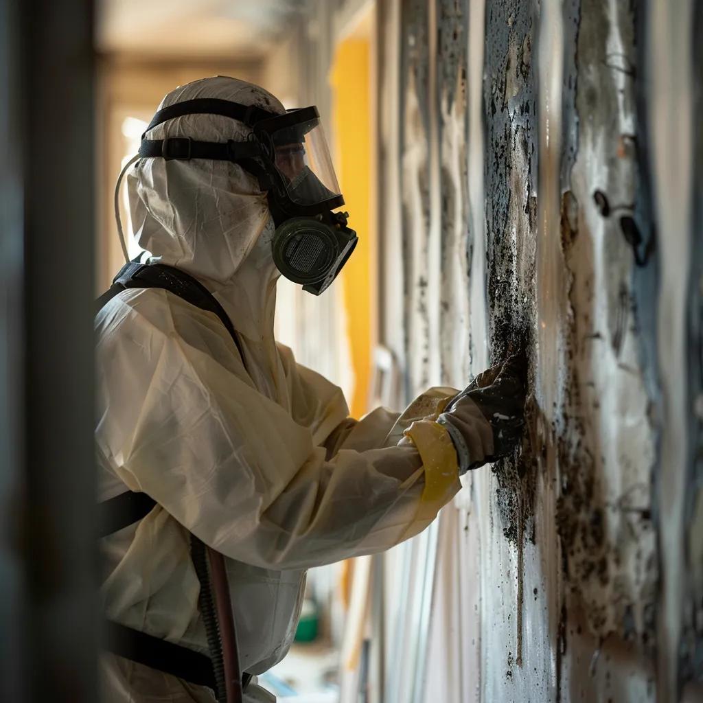 Worker in protective gear cleaning smoke damage from walls, illustrating smoke damage restoration techniques for effective cleanup and health safety.
