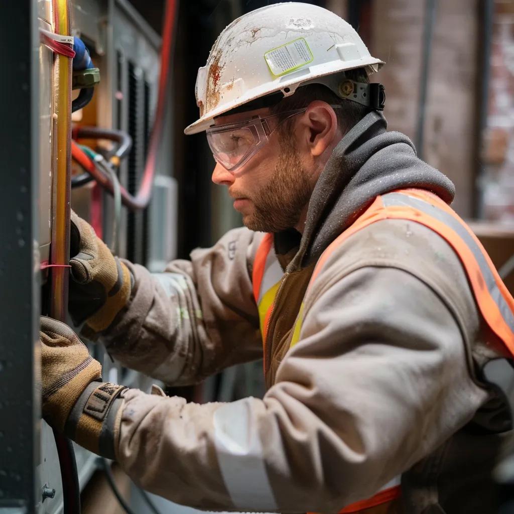 HVAC technician in safety gear inspecting equipment, focusing on water damage restoration and maintenance in NYC.