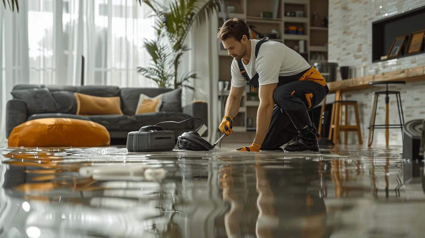 Technician performing water damage restoration in flooded living room, using a vacuum cleaner to remove water, with furniture and decor in the background.