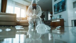 of-a-a-professional-technicia-c7e7dc83-d6766b50-8494-4f75-b791-6af12fd7adc4.webp a professional technician in protective gear meticulously inspects and assesses the extensive water damage in a sleek, modern living room, surrounded by advanced restoration equipment under bright, focused overhead lighting.
