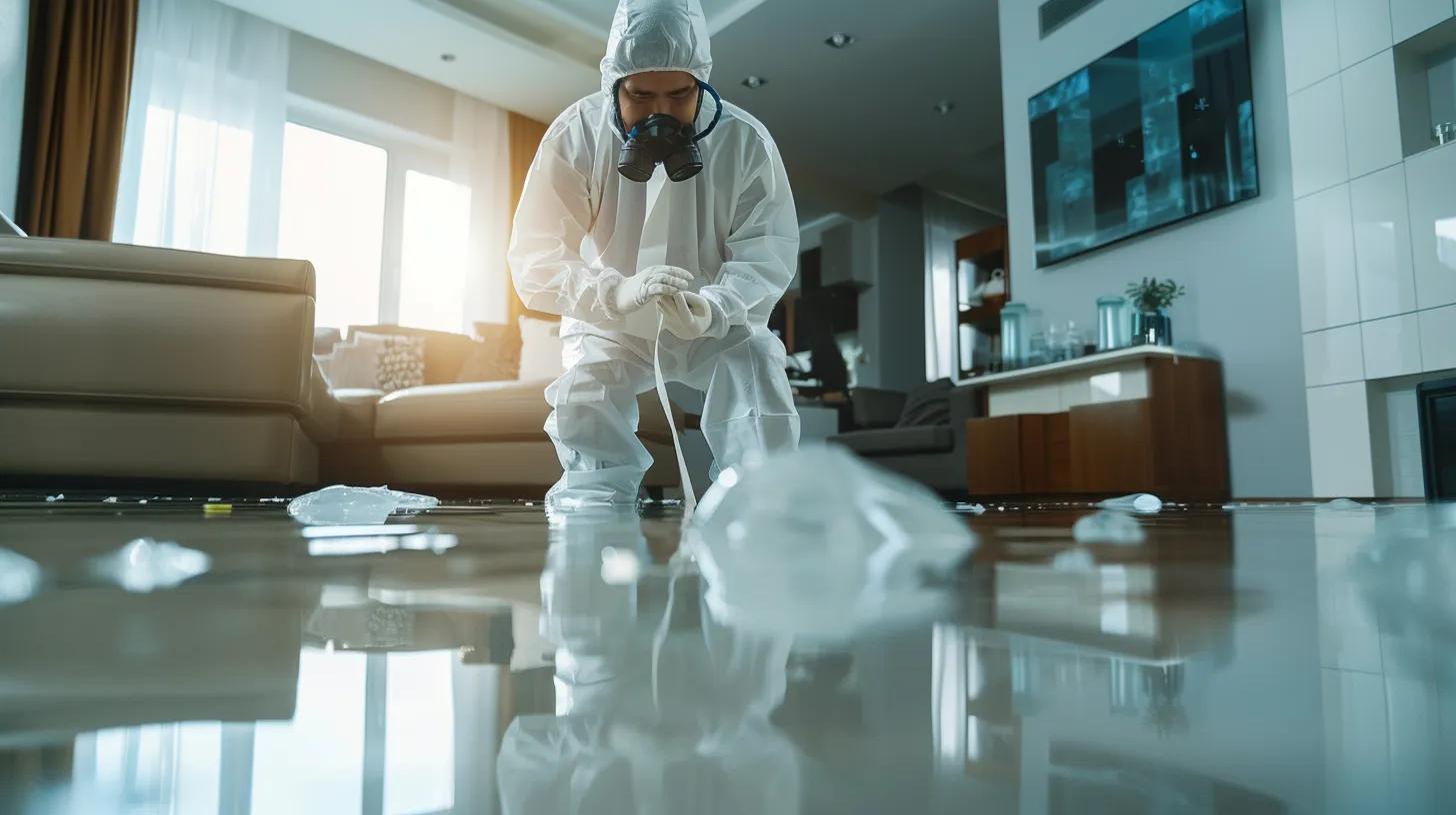 Professional technician in protective gear assessing storm damage in a flooded living room, emphasizing restoration efforts and safety precautions.