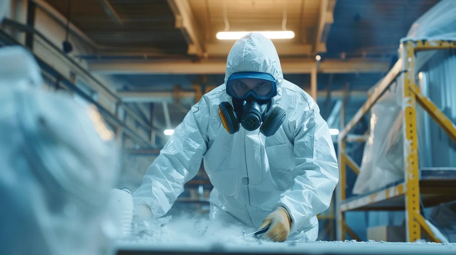 Professional technician in protective gear conducting safe asbestos removal in a controlled environment, emphasizing health and safety in restoration services.