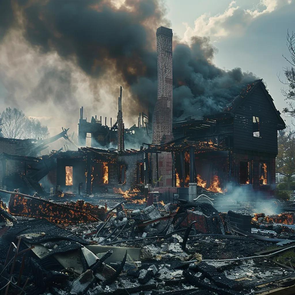 Burned residential structure engulfed in flames and smoke, showcasing extensive fire damage and debris, relevant to fire damage recovery and restoration services in New York.