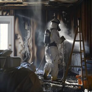 smoke-ad15b96f-226e78b0-f65d-4287-b51b-843bfe1d9691.webp Smoke damage restoration technician assessing a fire-damaged room with visible soot and restoration equipment