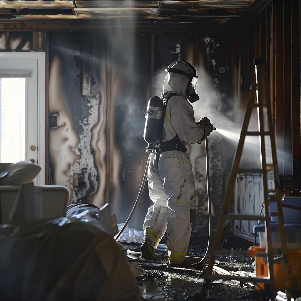 Professional technician in protective gear applying smoke damage restoration techniques in a fire-damaged room, highlighting soot removal and cleanup process.