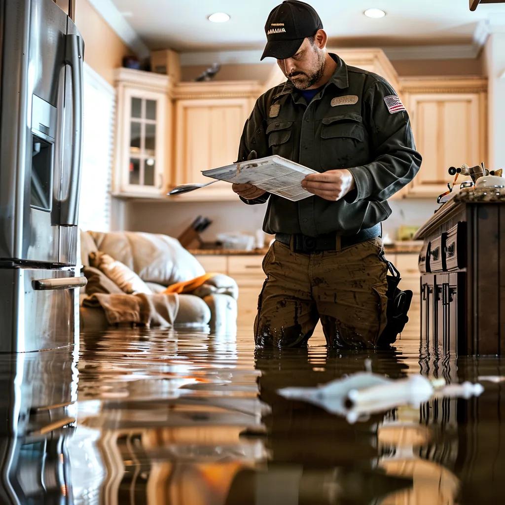 Professional water damage technician assessing flooded kitchen, reviewing restoration plan amid standing water and debris.