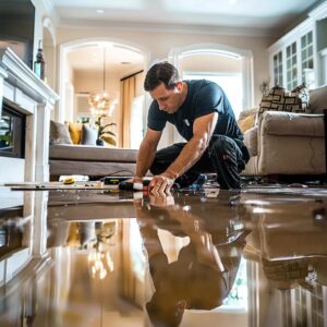 water-95562db9-65da97e9-a775-438c-b7ab-95bd5065c909.webp Man kneeling on flooded floor assessing water damage in living room, highlighting restoration techniques for effective recovery.