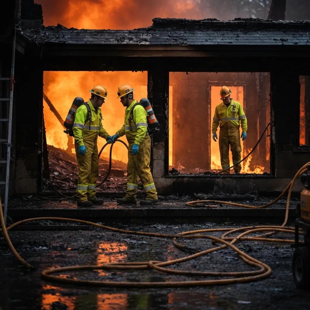 Fire damage restoration professionals assessing a damaged property