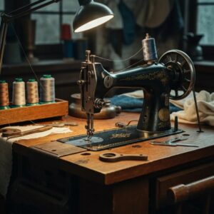 53c753d0-0b26-47d0-b0b6-159bac21641f.webp Vintage sewing machine on a wooden table with spools of thread and sewing tools, emphasizing craftsmanship and restoration processes.