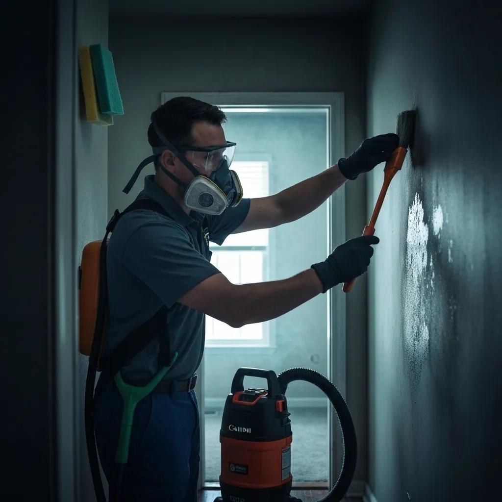 Smoke damage restoration technician cleaning soot from a wall in a residential home