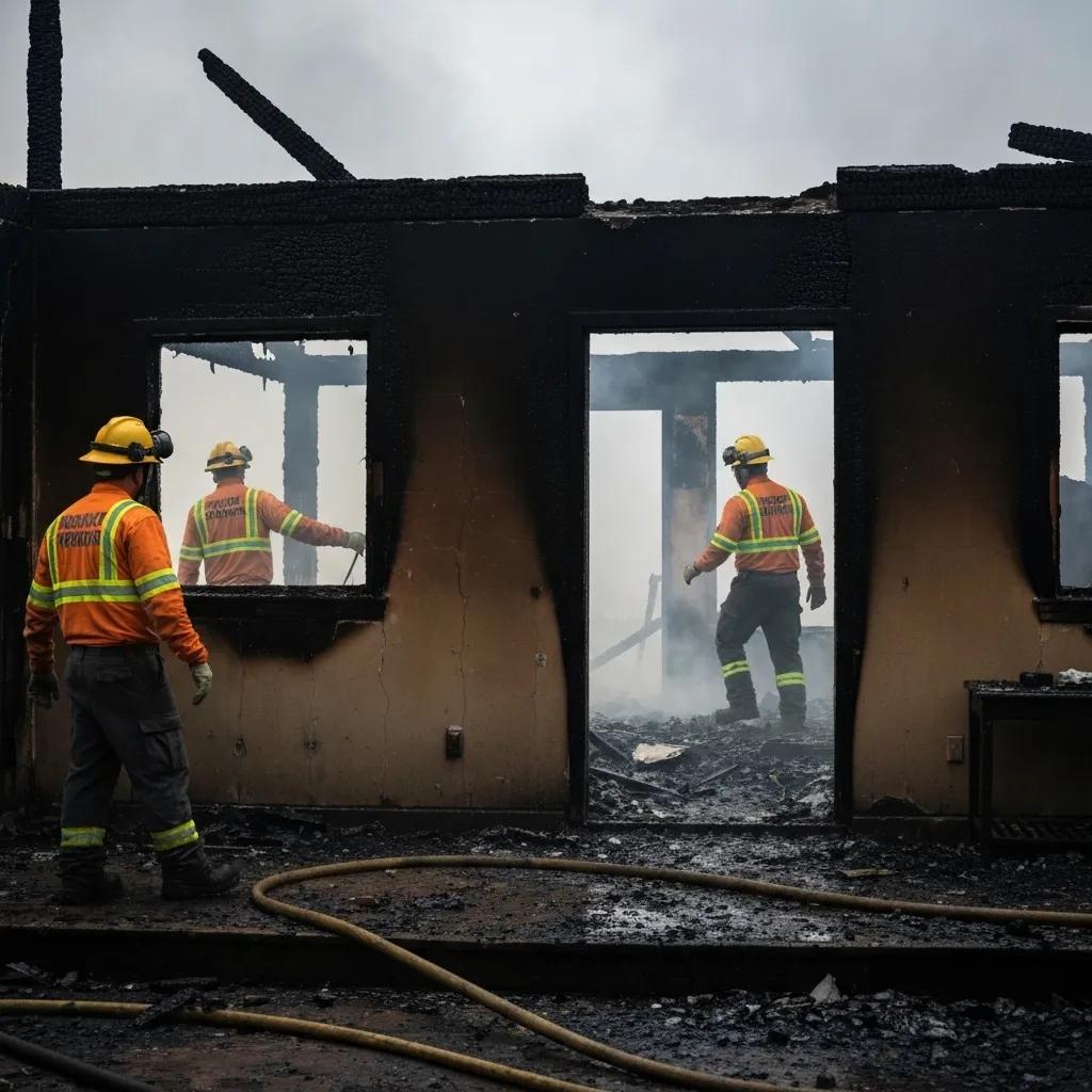 Fire-damaged home with restoration team assessing damage