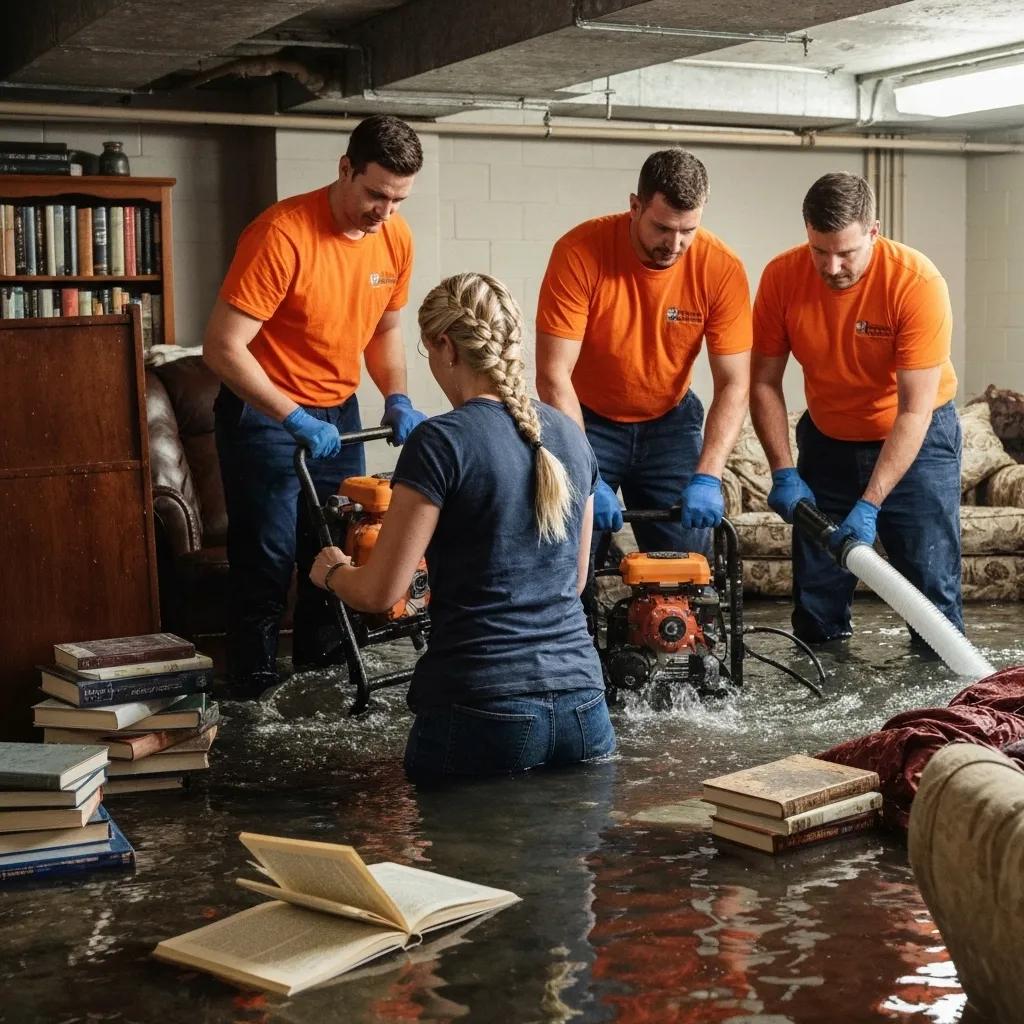 Restoration team extracting water from a flooded property during recovery