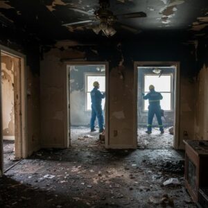 fire-damage-cleanup-scene-with-restoration-professionals-assessing-charred-walls-and-smoke-damage-c9b279b1-168d-43eb-98c9-7c8bf2eccde6.webp Fire damage cleanup scene with restoration professionals assessing charred walls and smoke damage in a residential interior.