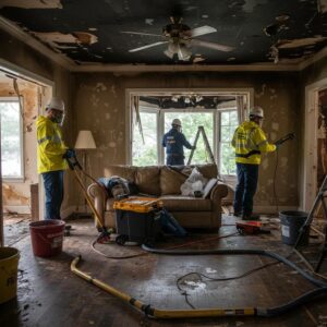 fire-damage-restoration-professionals-assessing-a-damaged-home-31b1c053-2a05-4d32-8d06-8f9f2531e546.webp Fire damage restoration professionals assessing a damaged home, with workers in protective gear, debris in the living room, and visible smoke damage on walls.