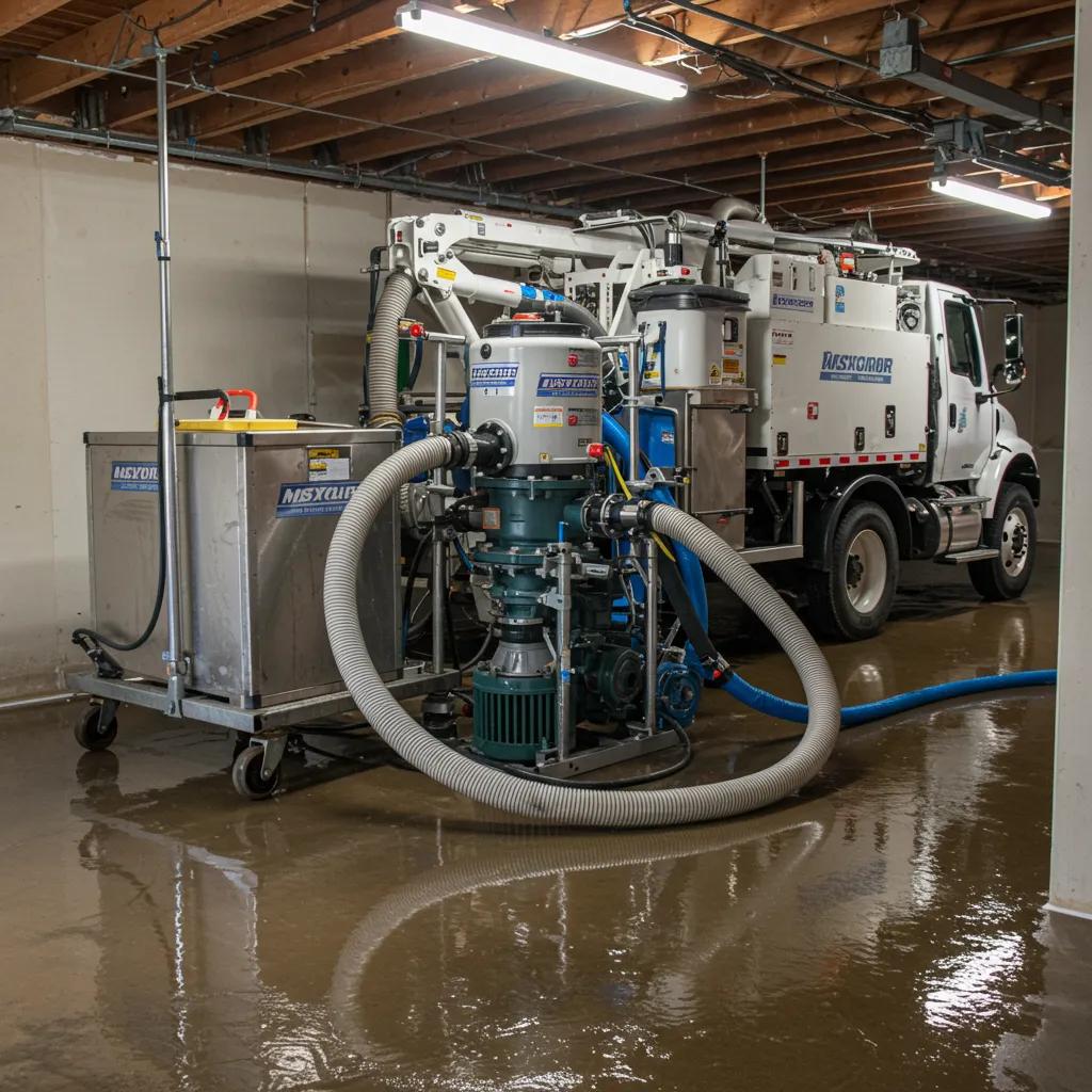 Industrial water extraction equipment actively removing water from a flooded basement