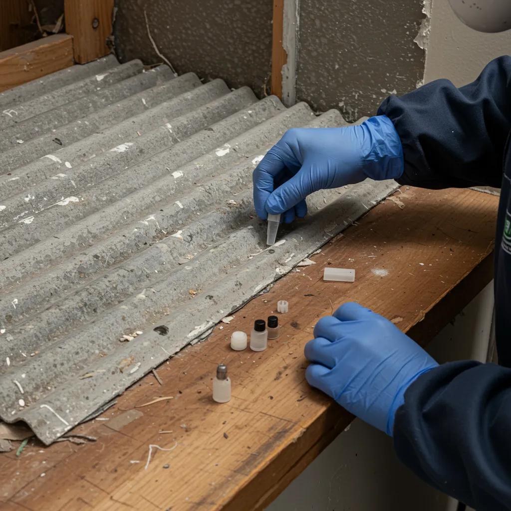 Licensed inspector collecting samples from suspected asbestos-containing material in a residential setting