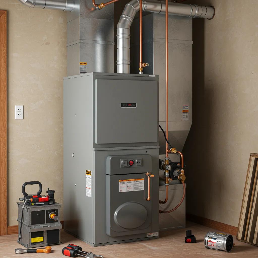 Modern oil-fired furnace in a home setting, emphasizing safety and efficiency