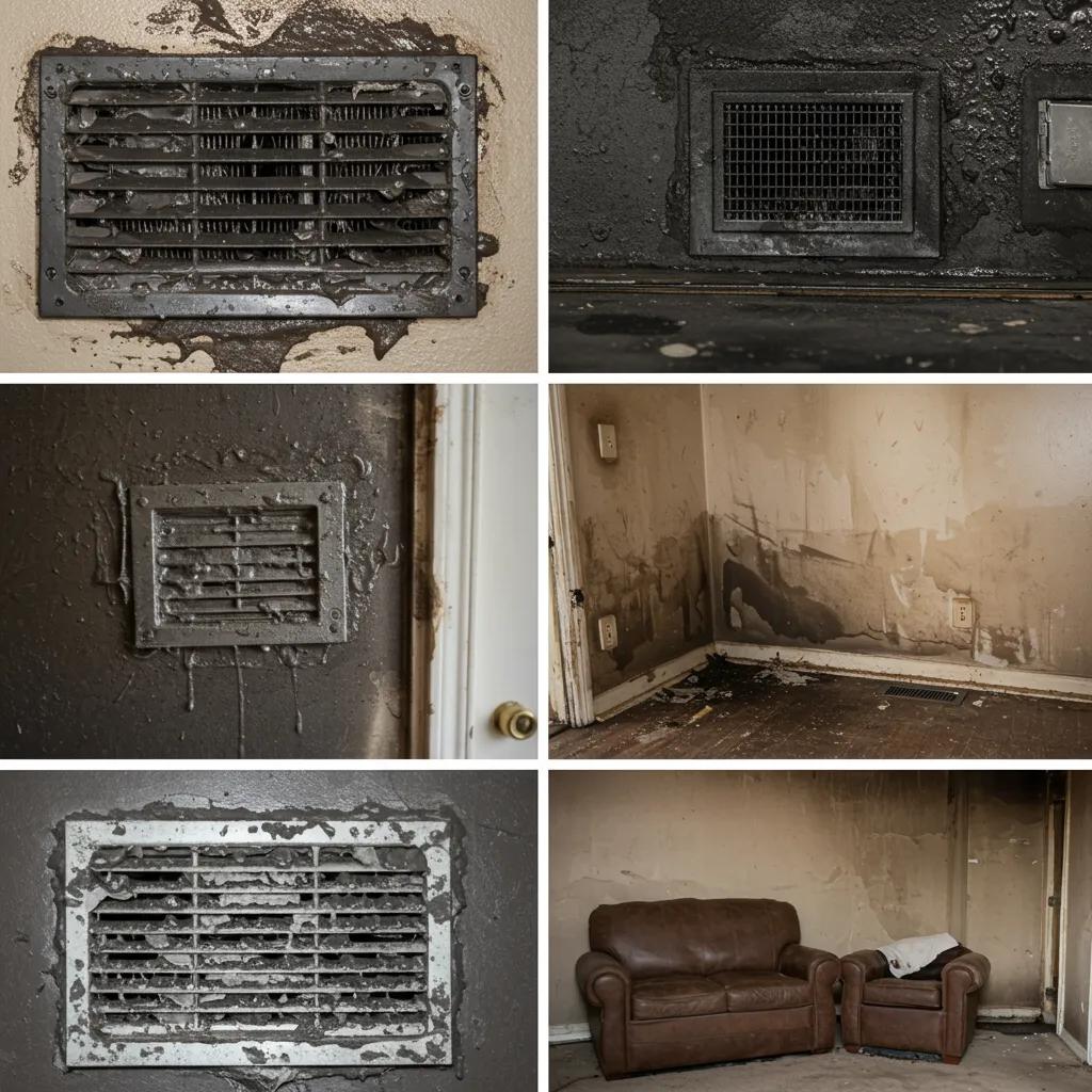 Surfaces affected by soot accumulation, illustrating the impact of puff back damage