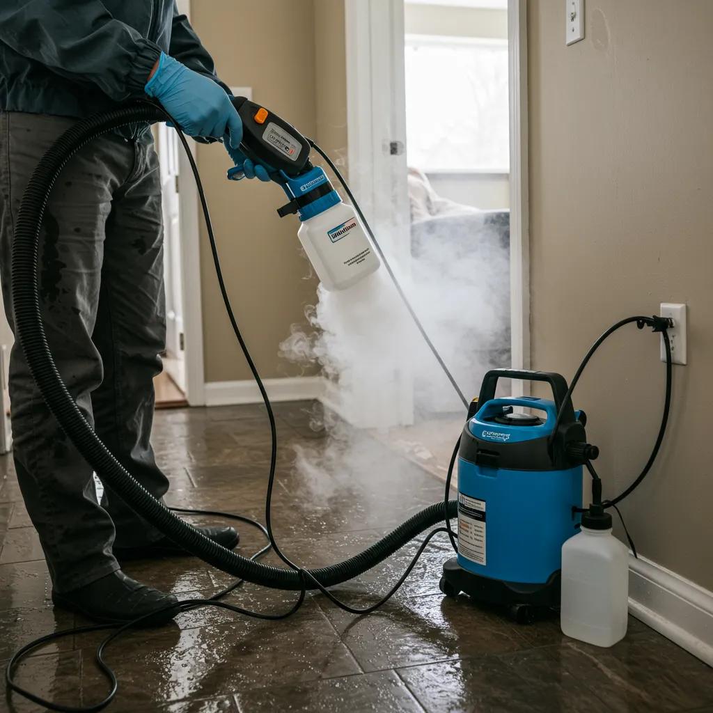 Technician applying antimicrobial cleaning solutions in a water-damaged area