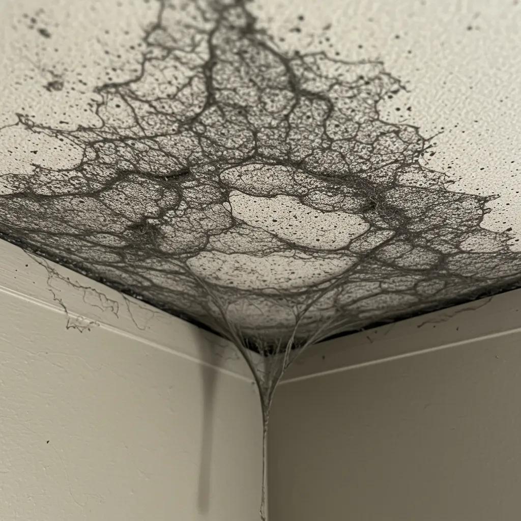 Close-up of carbon webbing patterns on a ceiling corner, illustrating soot accumulation