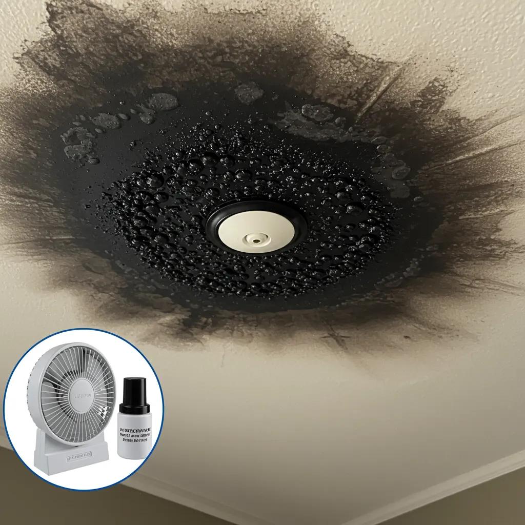 Close-up of ceiling with soot stains indicating puff back damage