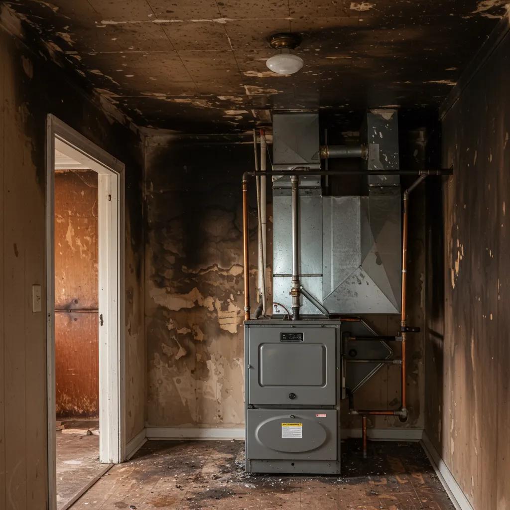 Home interior with visible puff back damage signs, including soot stains and a furnace
