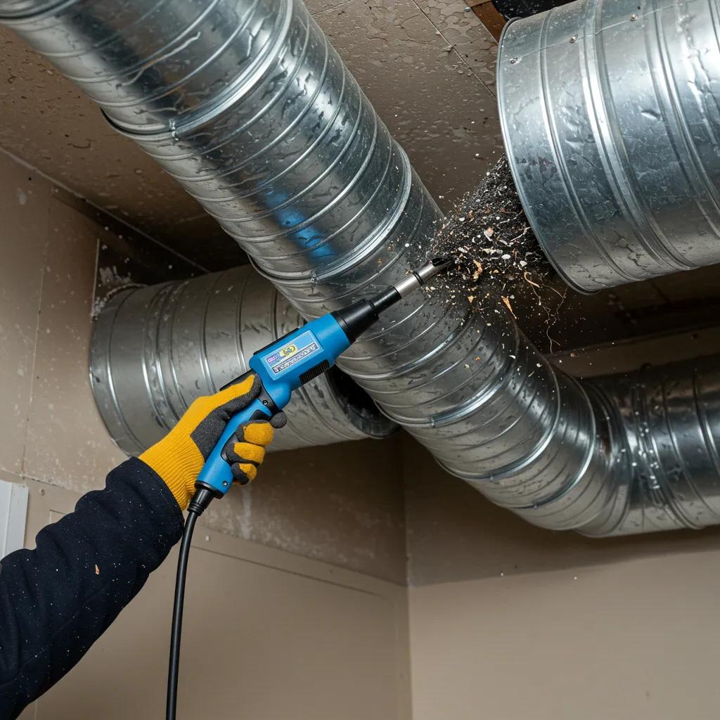 HVAC technician cleaning ductwork after puff back, emphasizing the importance of thorough restoration and air quality