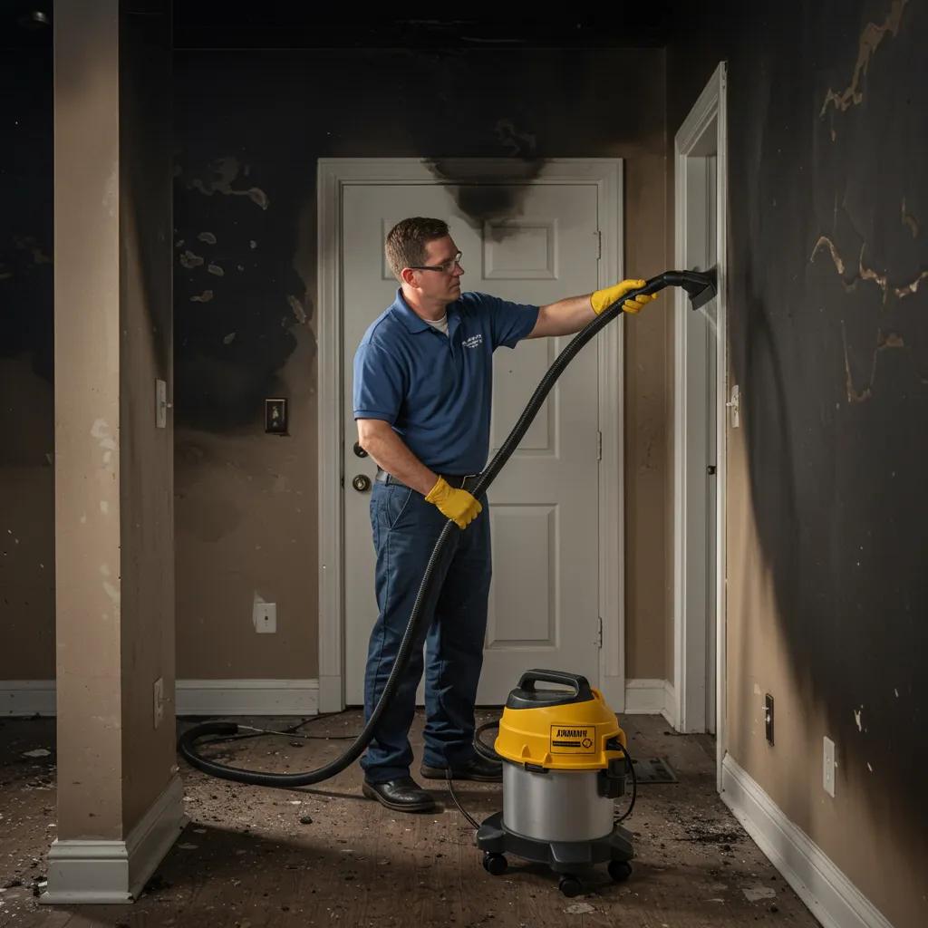 Restoration technician using HEPA vacuum to clean soot from wall after puff back damage