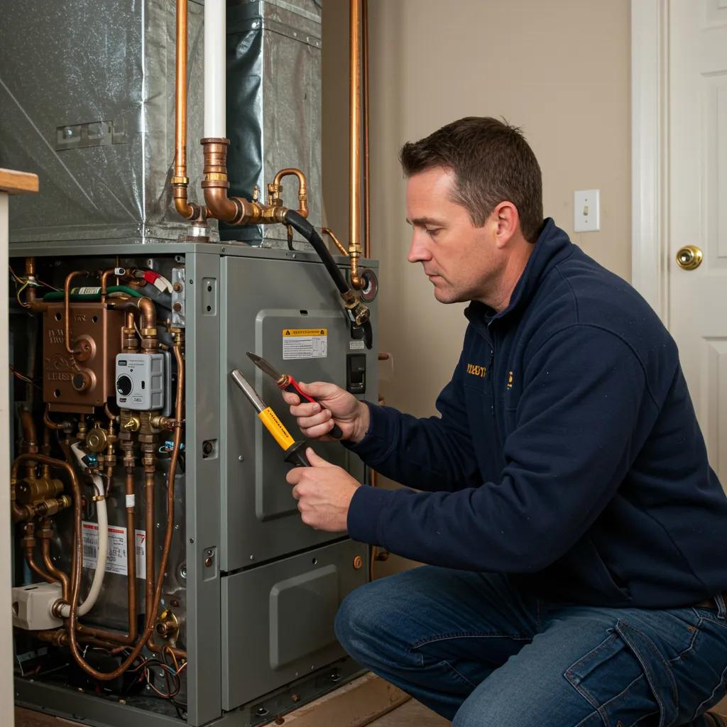 Technician inspecting a furnace for unusual noises, highlighting maintenance and safety