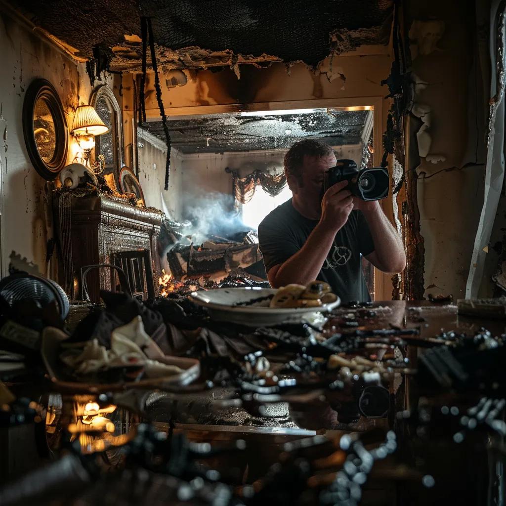 Homeowner documenting fire damage for insurance claims
