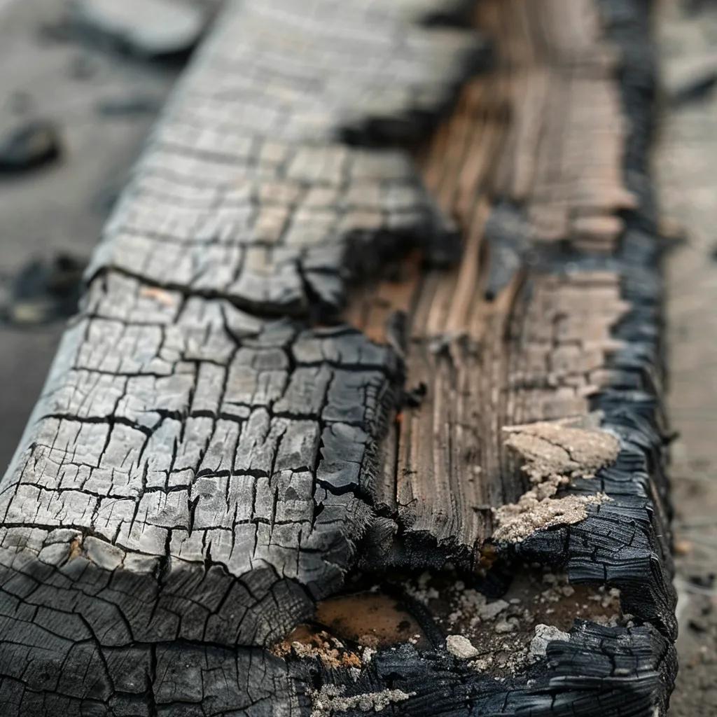 Close-up of fire-damaged structural materials showing charring and cracks