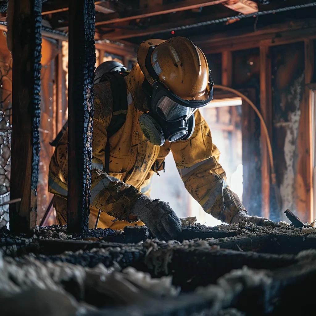 Certified technician assessing fire damage in a home, emphasizing the importance of professional restoration