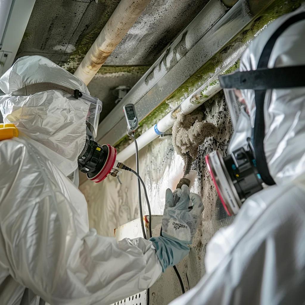 Technicians performing mold remediation in HVAC systems