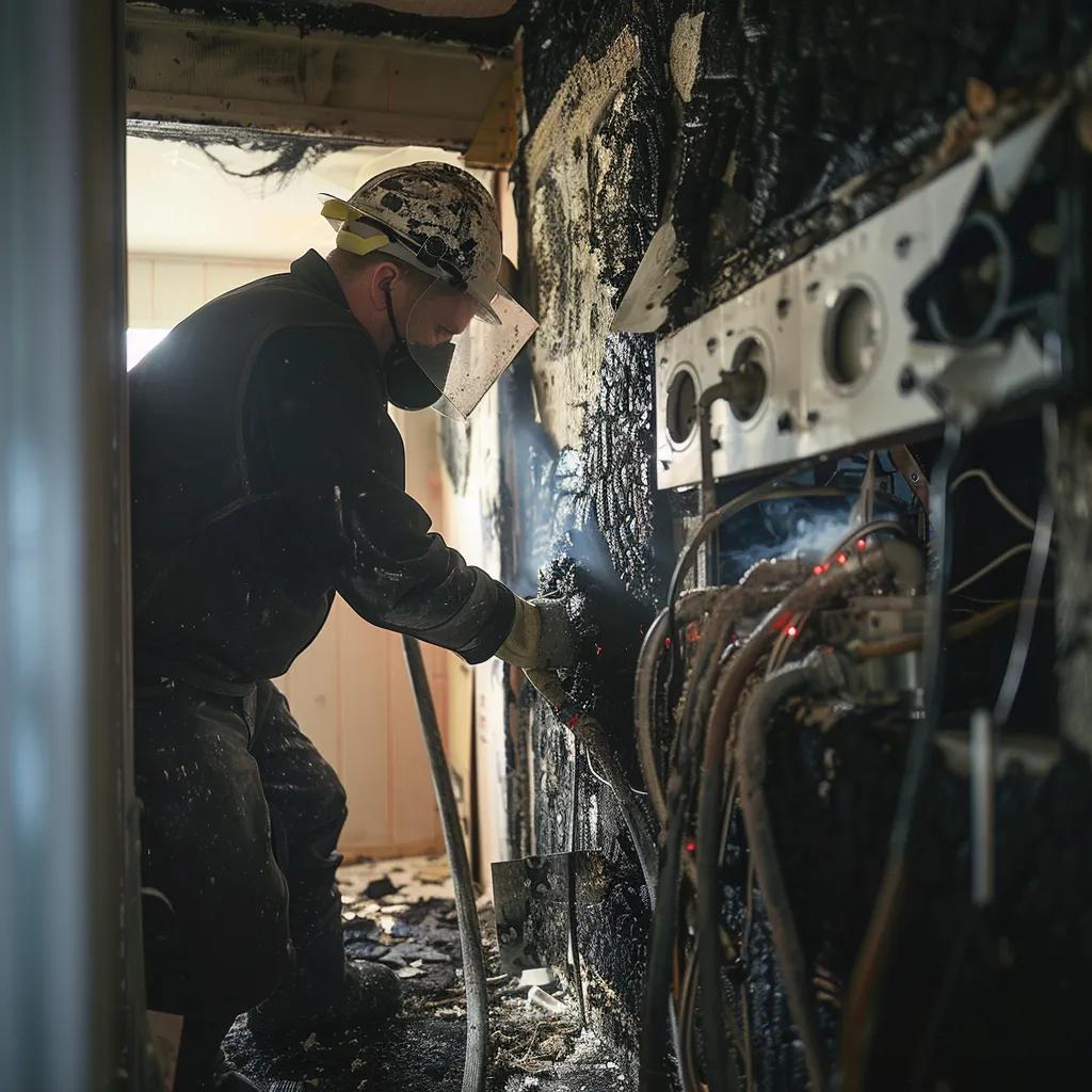 Restoration technician assessing puff back damage in a home, highlighting soot stains and HVAC issues