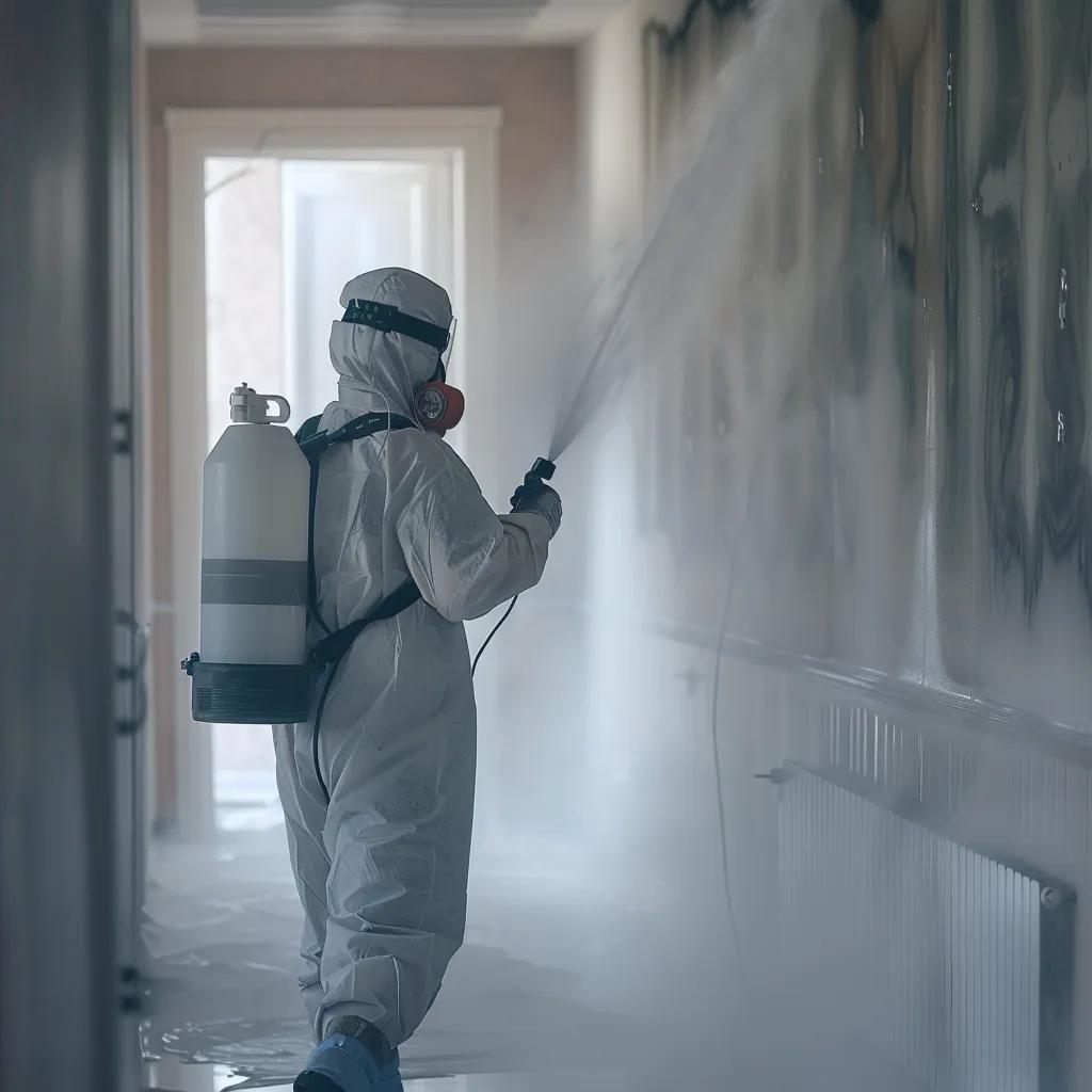 Technician using thermal fogging for soot removal in a home, illustrating professional cleanup methods
