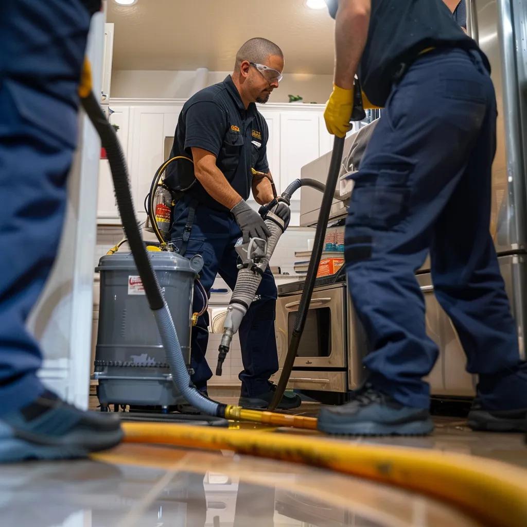 Technicians performing professional HVAC cleaning after water damage using industrial equipment