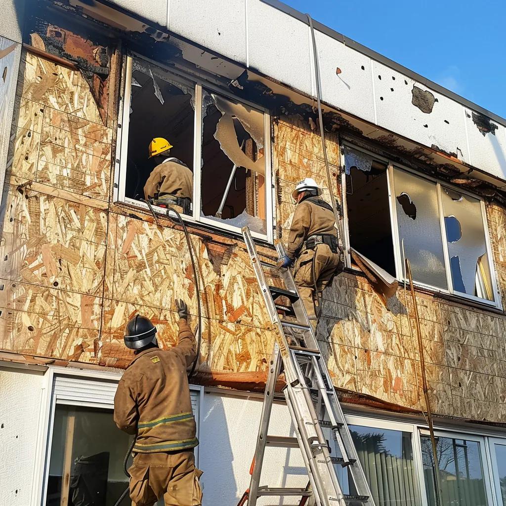 Professional team conducting emergency board-up services on a fire-damaged property