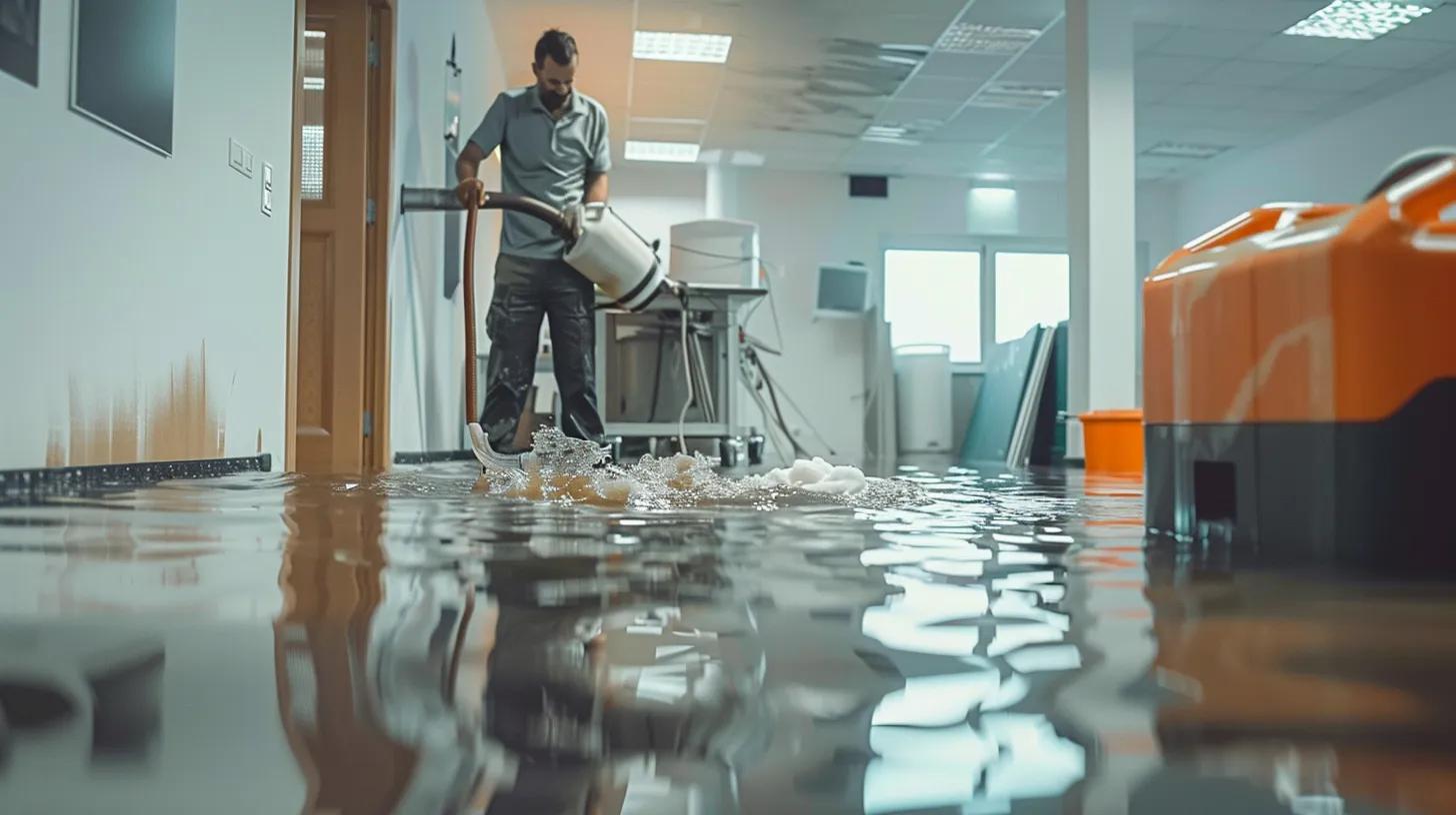 a neat, modern office space features a professional water damage restoration team engaged in advanced cleanup techniques, using sophisticated equipment and focused expressions, highlighting the efficiency and expertise of their work amidst water-damaged walls and floors. a neat, modern office space features a professional water damage restoration team engaged in advanced cleanup techniques, using sophisticated equipment and focused expressions, highlighting the efficiency and expertise of their work amidst water-damaged walls and floors.