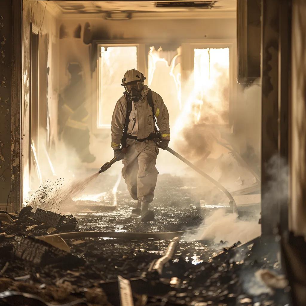 Restoration expert cleaning fire damage in a home with specialized equipment