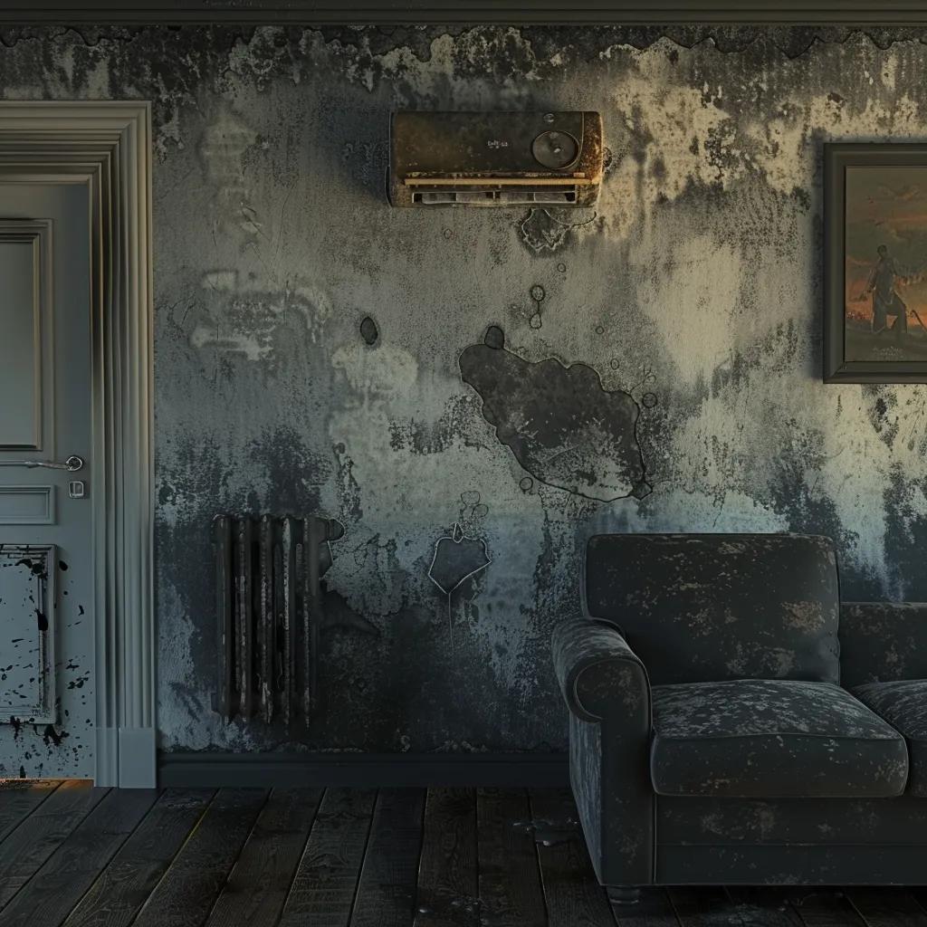 Visual representation of common signs of puff back damage, including soot on walls and HVAC vents